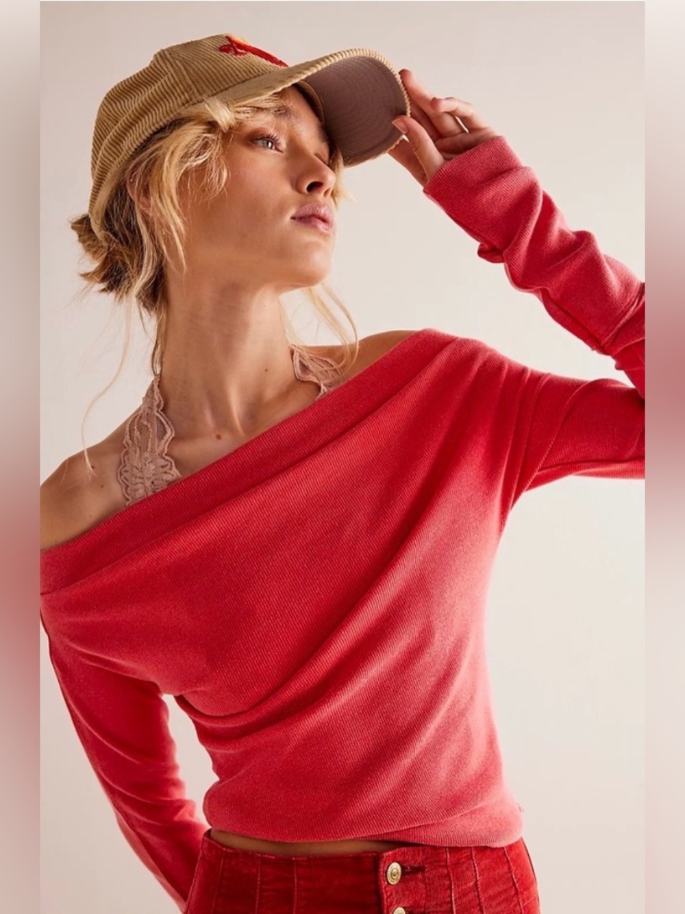 We The Free Gigi Off the Shoulder Rusted Red Ribbed Long Sleeve Shirt Top Size S